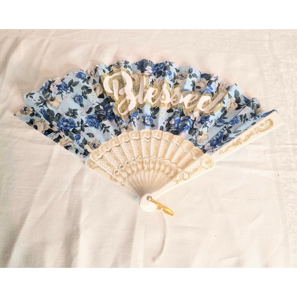 Vintage Decorative Plastic & Fabric Foldable Handheld Fan Blue and White Blessed